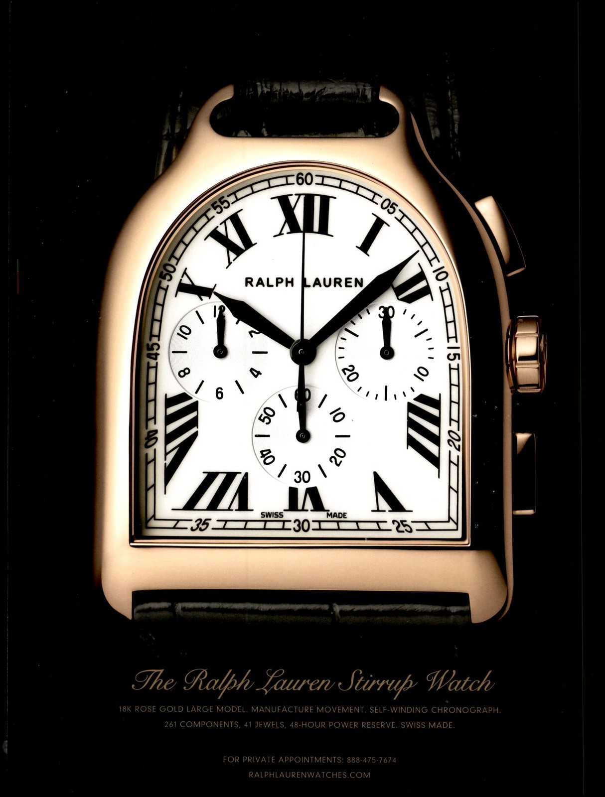 2009 Ralph Lauren Stirrup Watch 18K Rose Gold Chronograph Vintage Magazine Ad