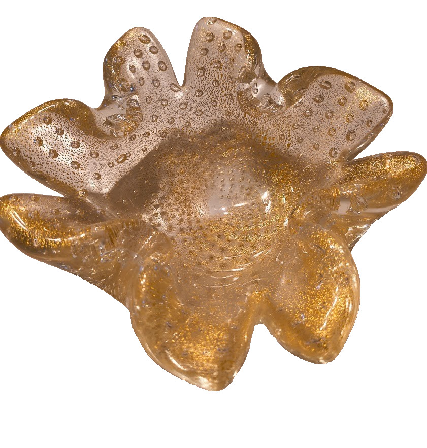 Vintage Murano Gold Fleck Bullicante Glass Bowl Ashtray Barovier & Toso 7