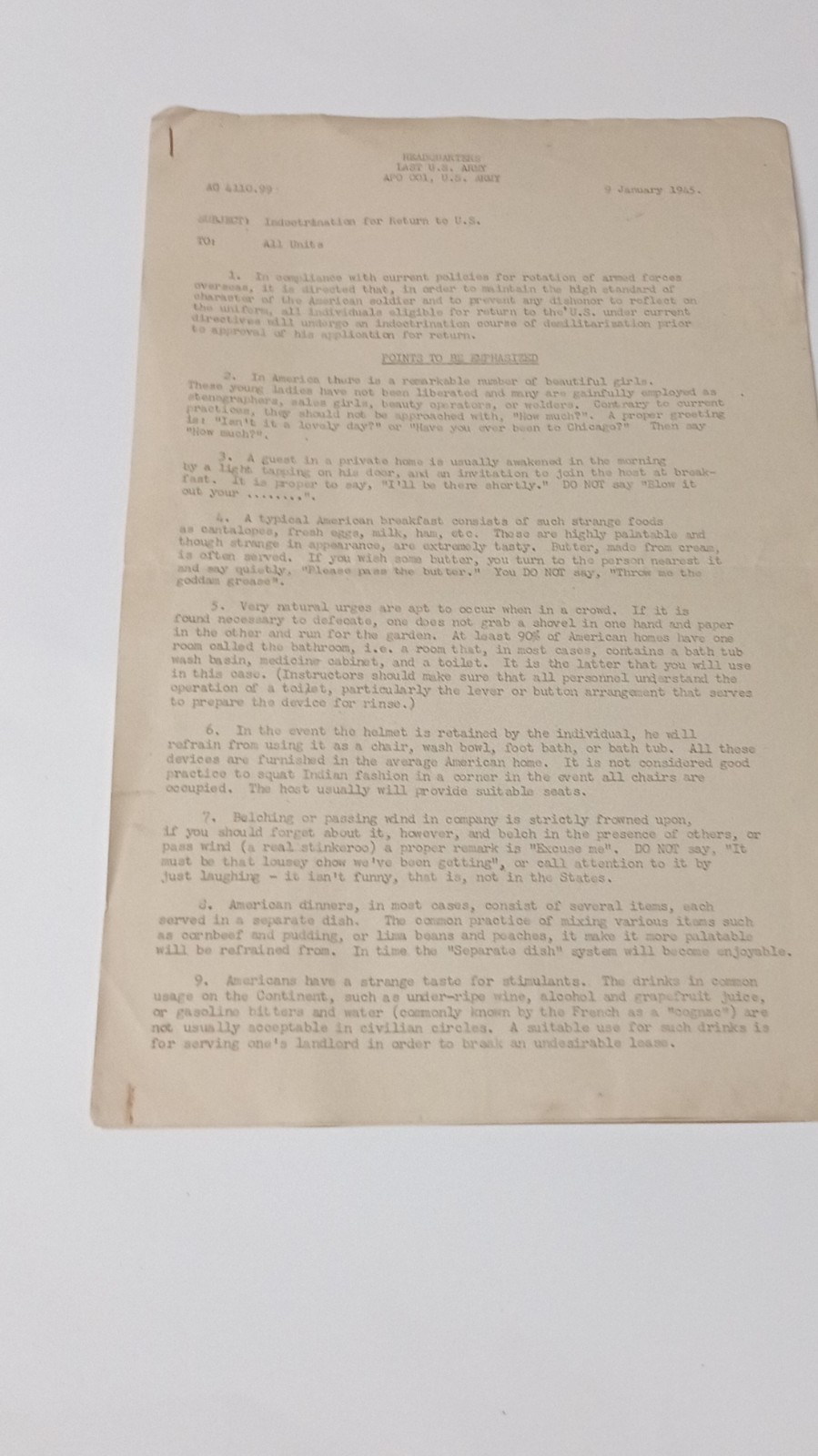 WWII US Military Indoctrination Document Return to US 9 January 1945 Original