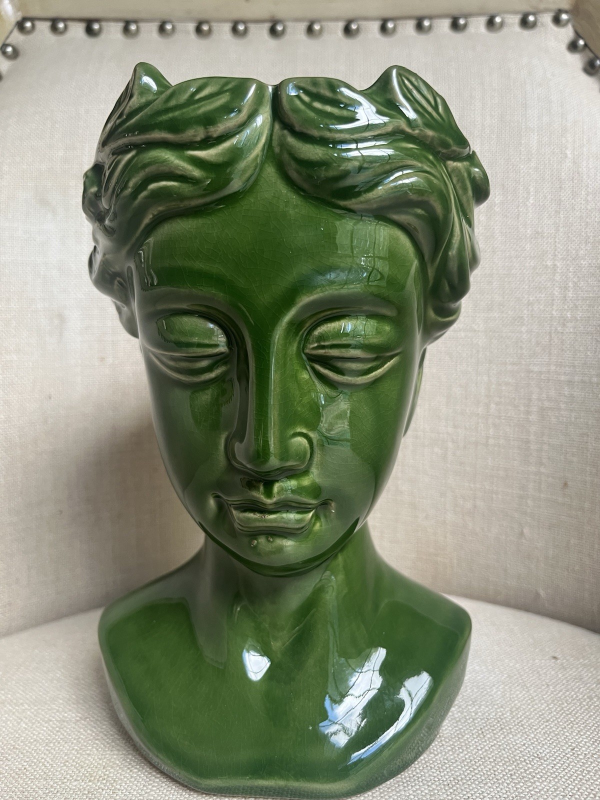 Beautiful Green Hand Painted High Gloss Ceramic Greek Goddess Head Vase. QUALITY