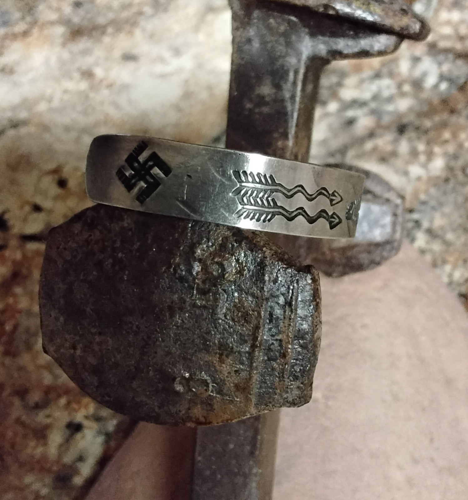 Native American Fred Harvey Era Silver Cuff Bracelet Arrow/Whirling Log