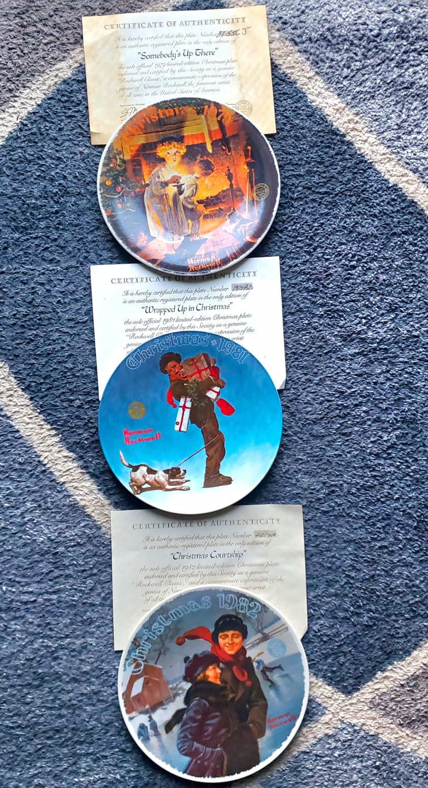 Norman Rockwell Christmas Plates Lot of 3 Somebodys up there annual series w/COA Norman Rockwell Christmas Plates Lot of 3 Somebodys up there annual series w/COA