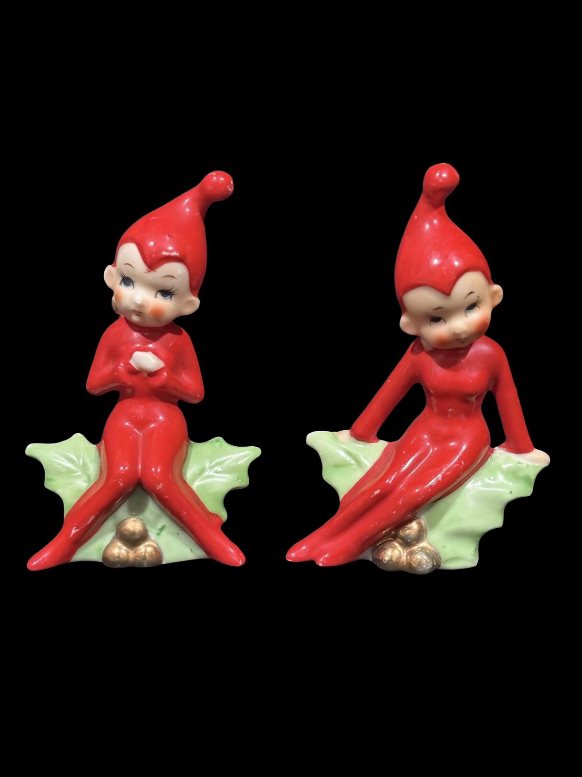 Vtg Fairy Pixie Elf Figurine Red Christmas Ceramic Japan 1950’s RARE Set 2