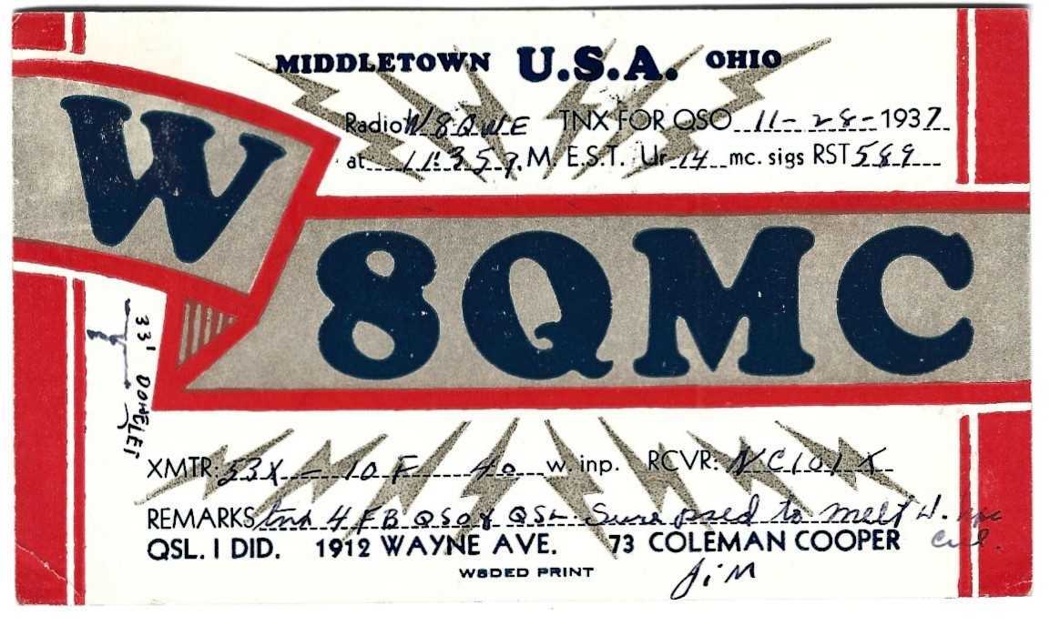 MIDDLETOWN OHIO – 1937 - VINTAGE QSL AMATEUR RADIO CARD