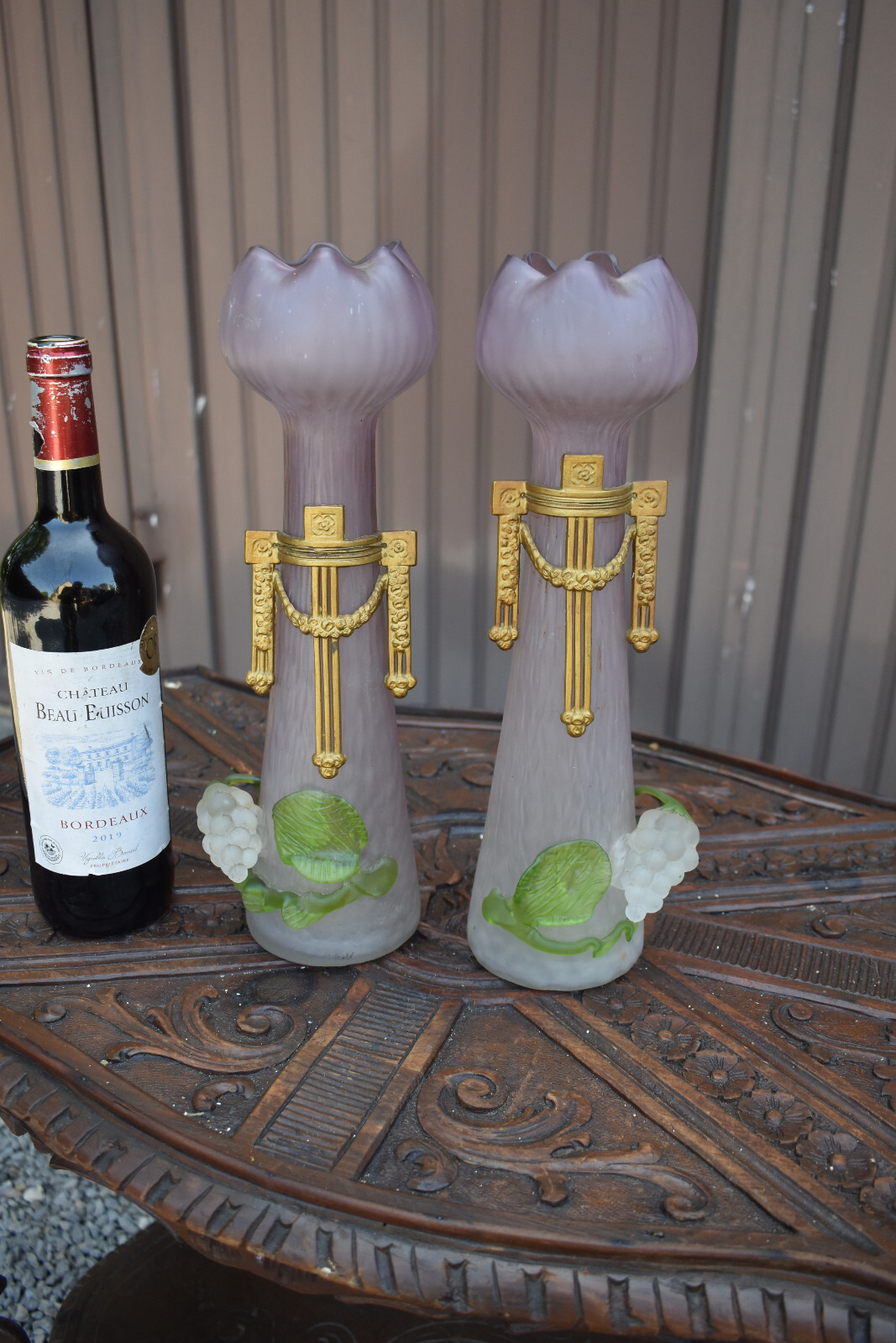 pair art nouveau bohemia Kralik Glass vase grapes brass ornaments rare lila