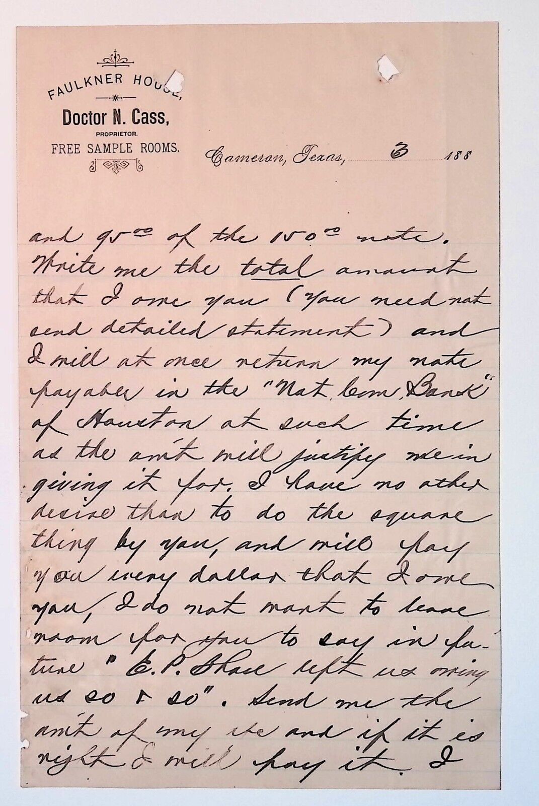 1880s Letter Faulkner House Hotel Cameron TX  Texas  R.E. Gish & Co Lynchburg VA