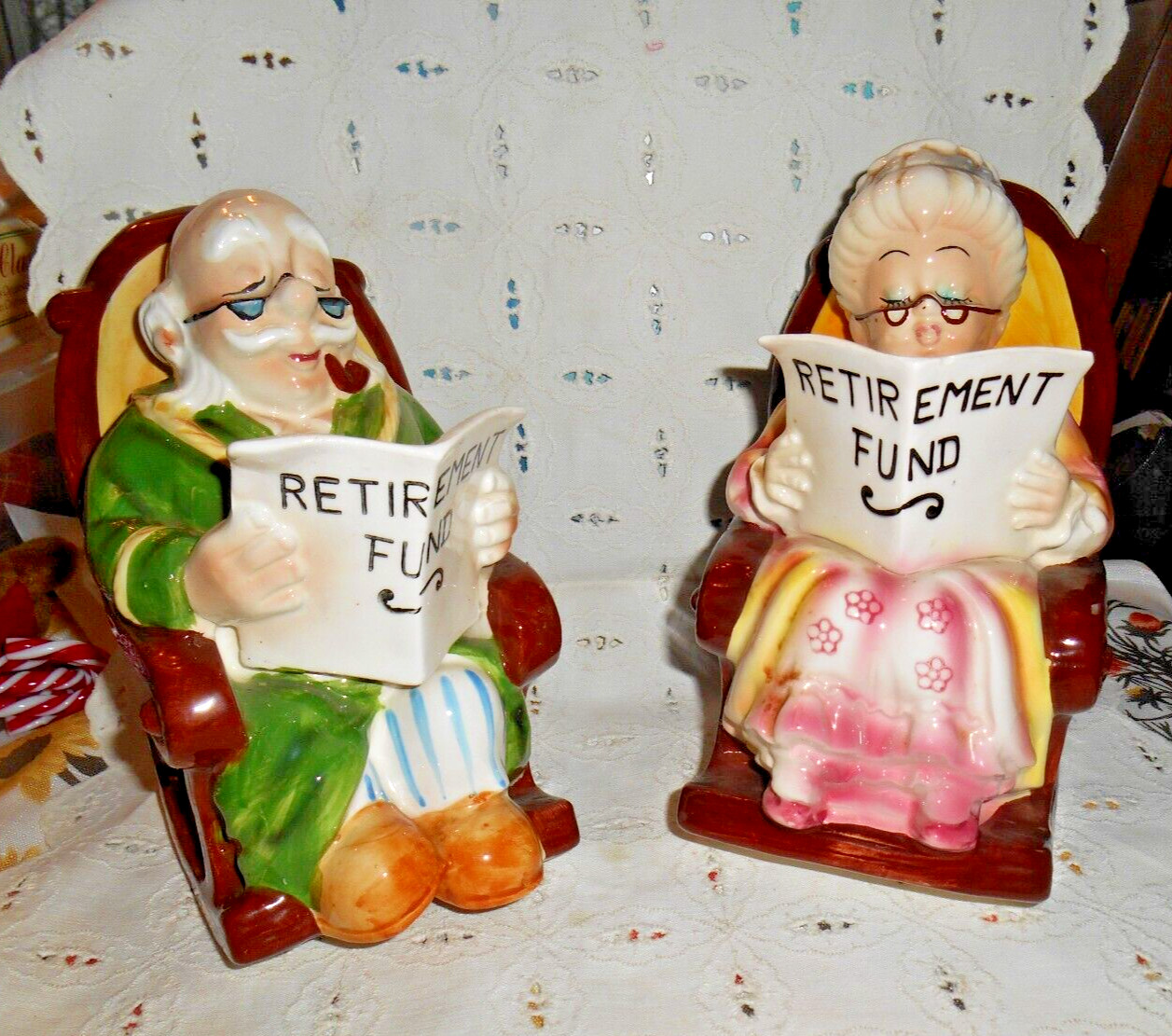 Vintage Mr. & Mrs .Older  Retirement Fund Lefton Rockers Bank w/Plugs & Label
