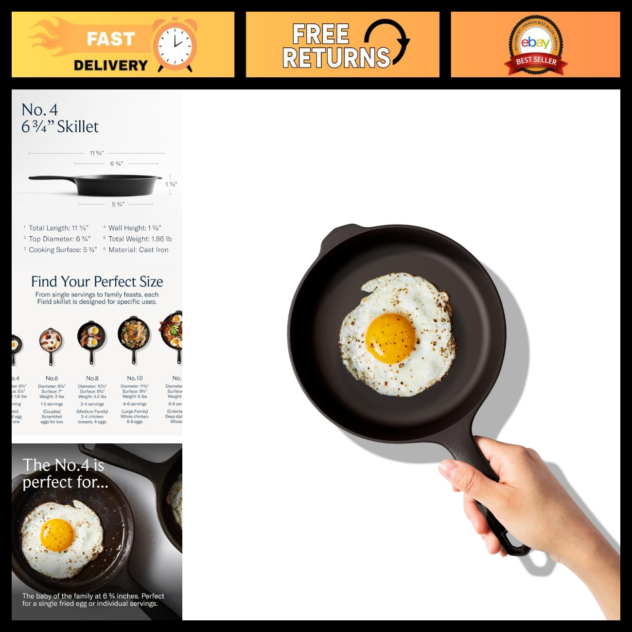 Mini Cast Iron Skillet 6.75-Inch - Pre-Seasoned One-Egg Pan, USA Made, Extra-Sma