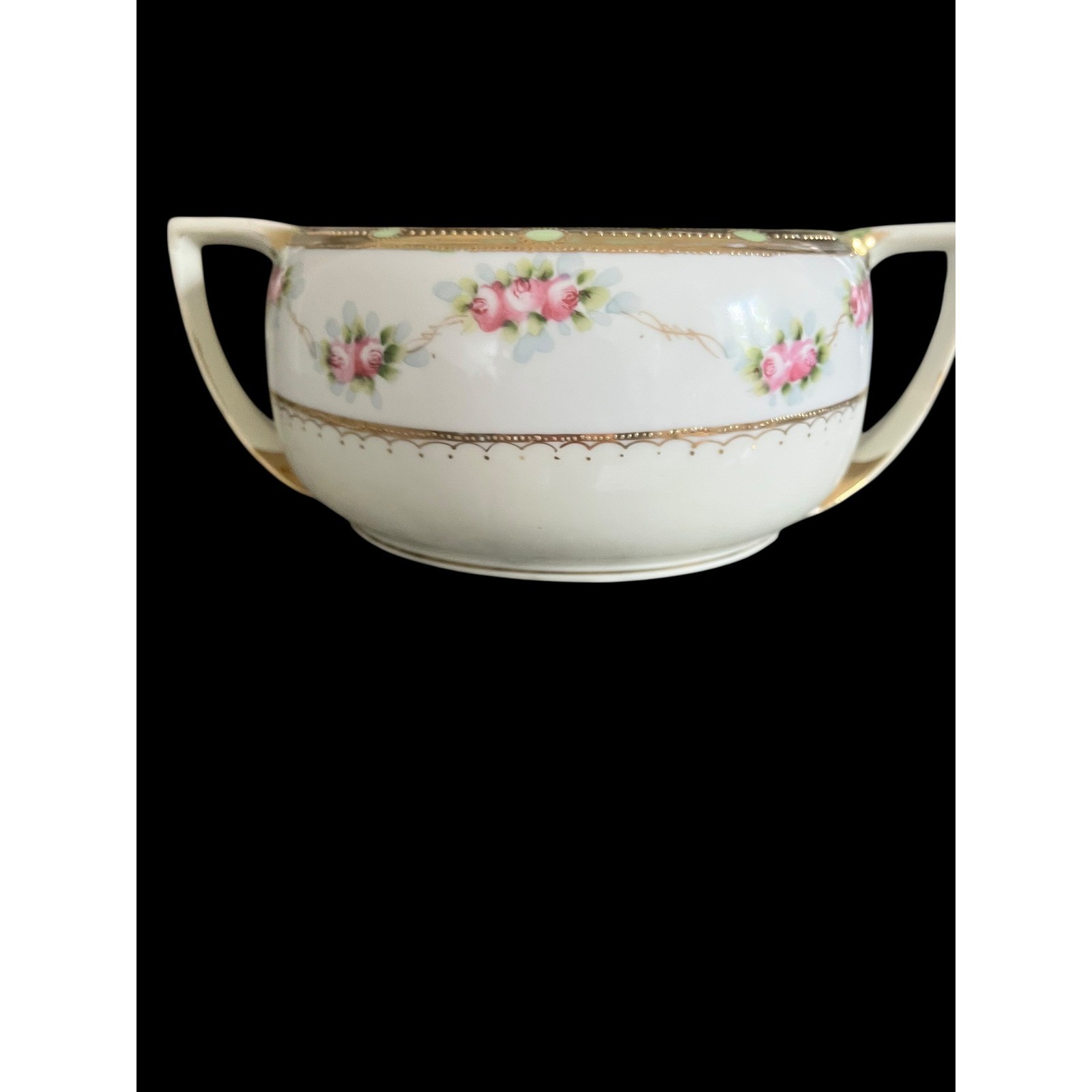 Antique Porcelain Bowl Pink Rose Garland Gold Gilt Double Handle Vintage Antique Porcelain Bowl Pink Rose Garland Gold Gilt Double Handle Vintage