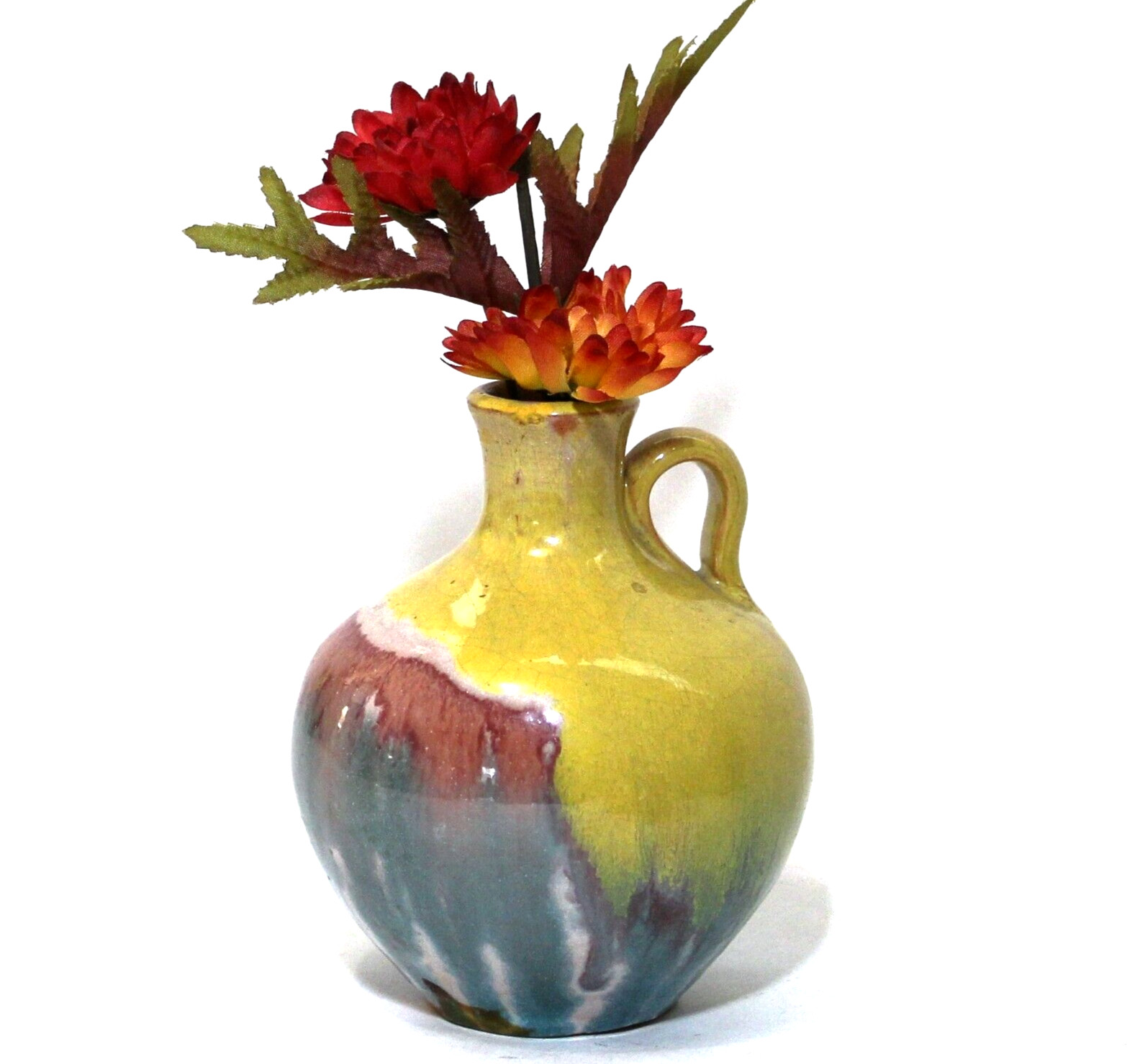 Vintage Art Pottery Vase Pitcher Yellow Blue Drip Glaze