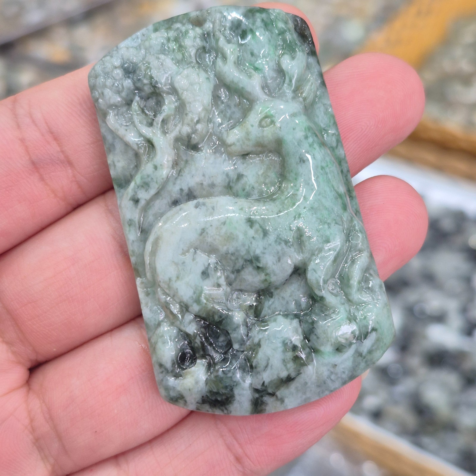 Jade Pendant Deer Carved Natural Jadeite Moss in Snow Green White Amulet 60x30mm