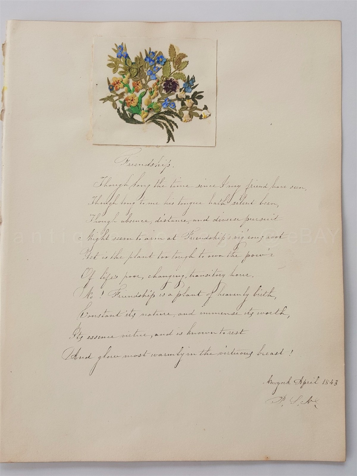1843 antique INTRICATE victorian DIE CUT FLORAL ART &HANDWRITTEN FRIENDSHIP POEM