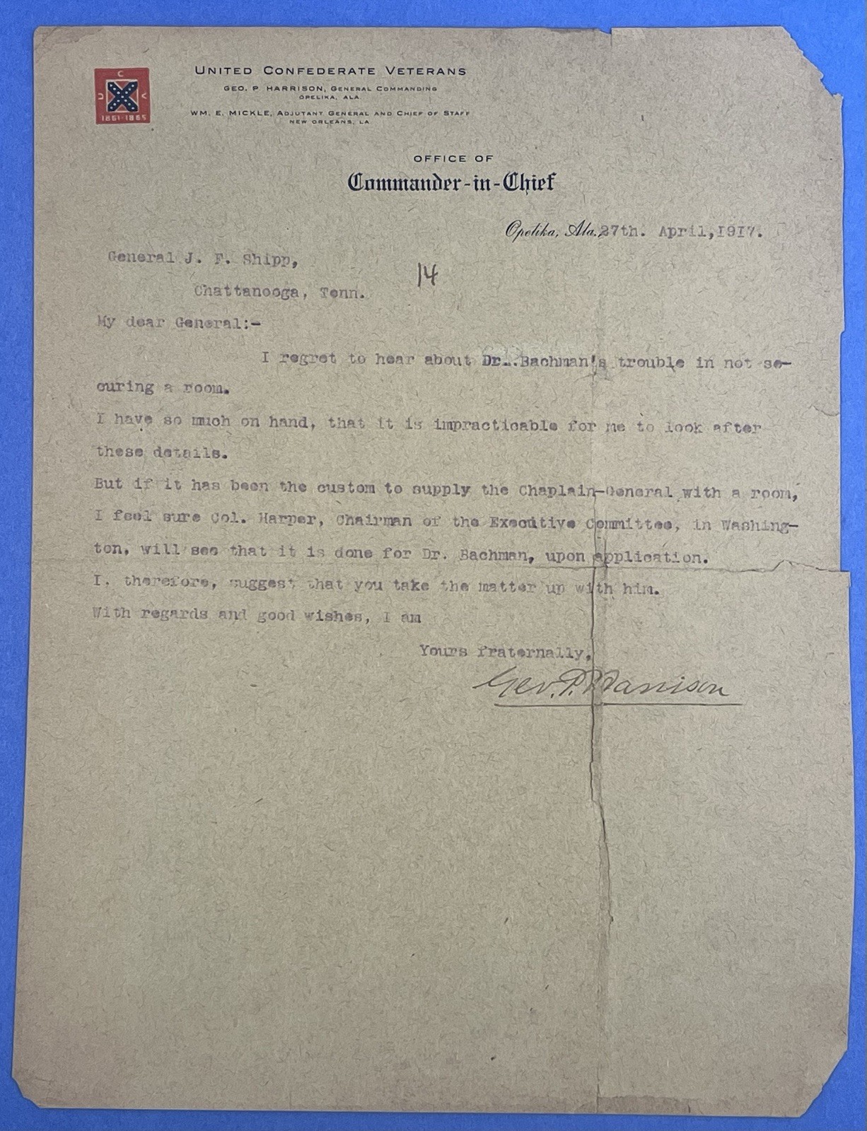 Confederate General George P. Harrison Signed UCV Letter to J. F. Shipp Chatt TN Confederate General George P. Harrison Signed UCV Letter to J. F. Shipp Chatt TN