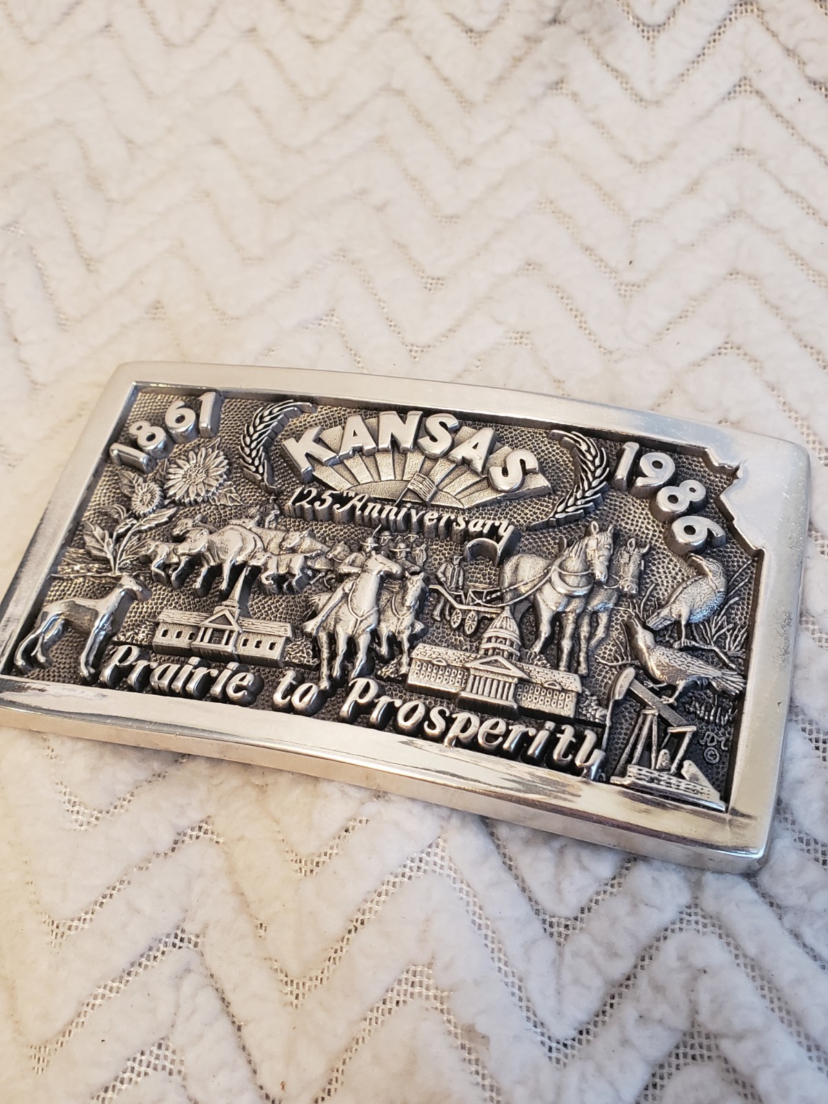 VTG 1986 Sterling Silver KANSAS 150th Anni Prairie Prosperity Cowboy Belt Buckle