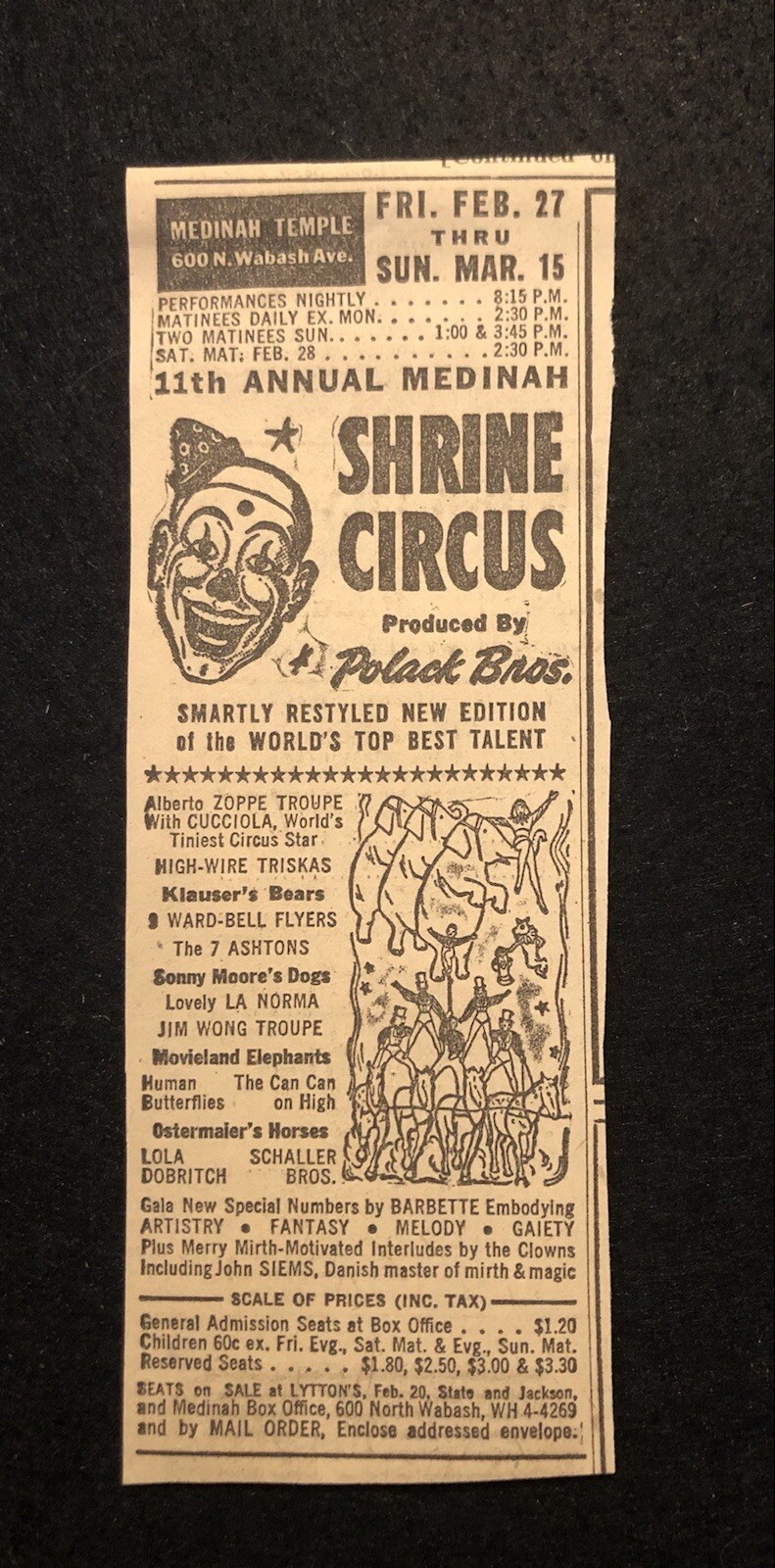 1950’s Shrine Circus Medinah Temple Newspaper Print Ad Clown Elephants