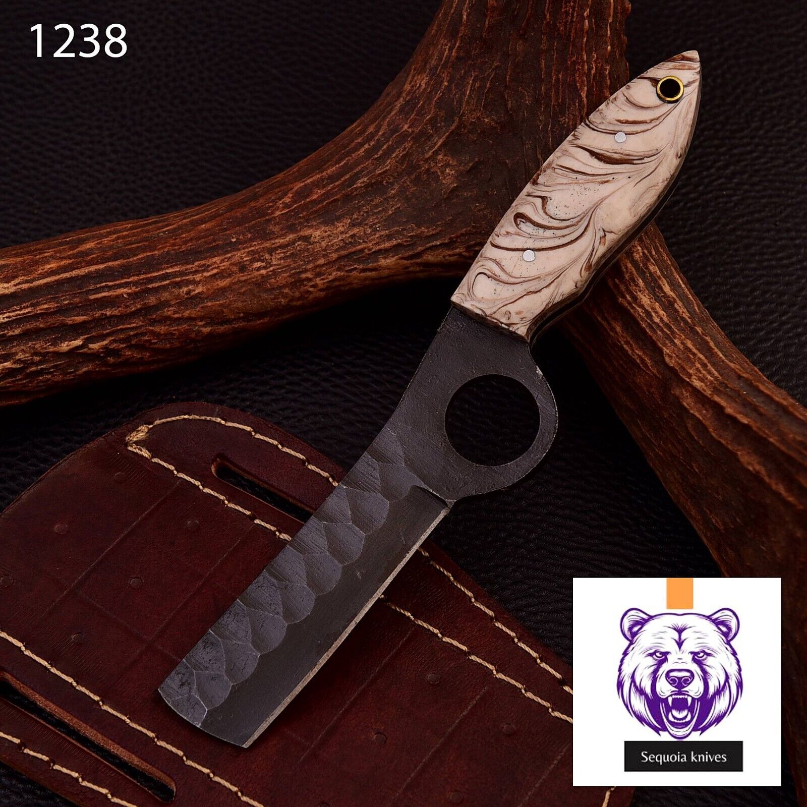 HAND FORGED RAIL ROAD STEEL BULL CUTTER KNIFE  & RISEN HANDLE +SHEATH Az-1238