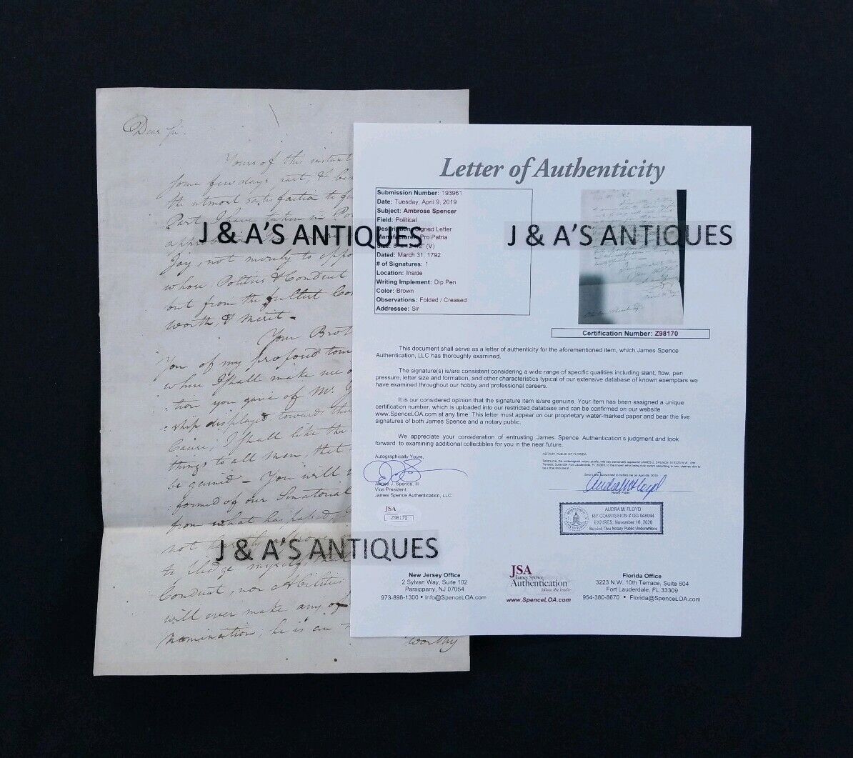 1792 Authenticated AMBROSE SPENCER Autographed Letter About FOUNDING FATHERS 