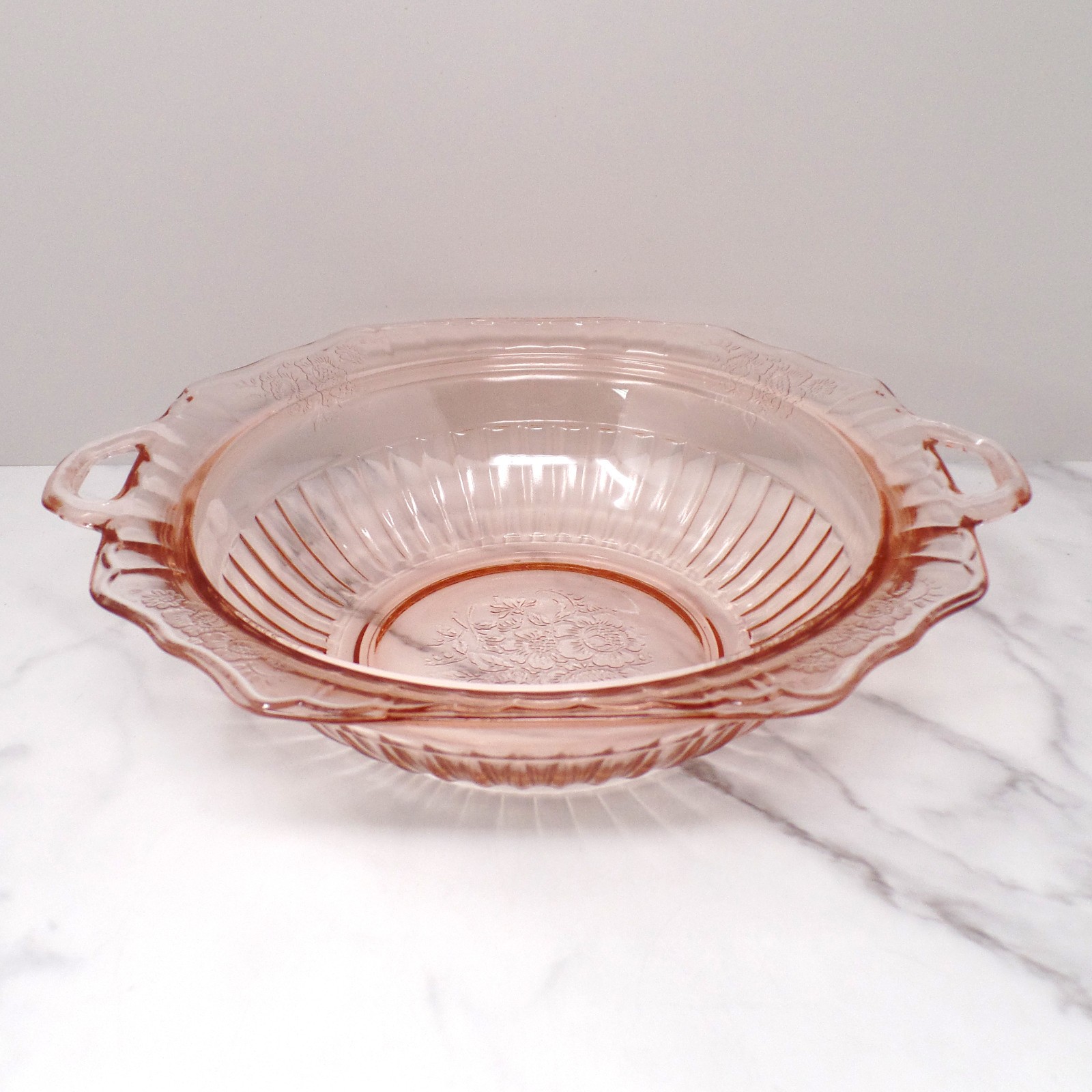 Vintage Anchor Hocking Mayfair Pink Handled Round Vegetable Serving Bowl (1930s)