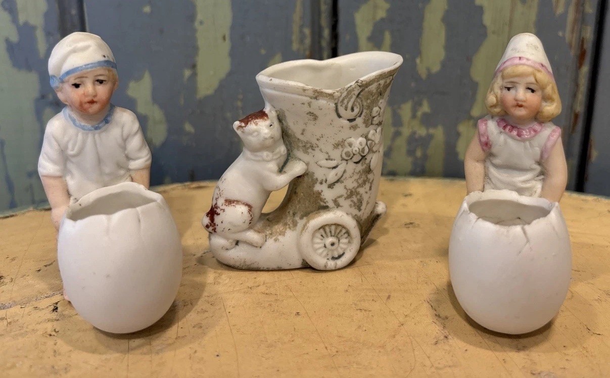 3 Vtg/Antique Miniature Bisque Toothpick ? Holders Boy Girl Cracked Egg Cat