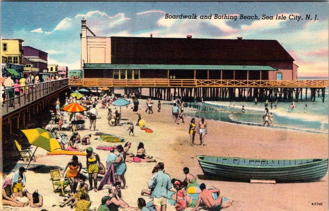 1930-50's BOARDWALK & BATHING BEACH SEA ISLE CITY NEW JERSEY NJ LINEN POSTCARD