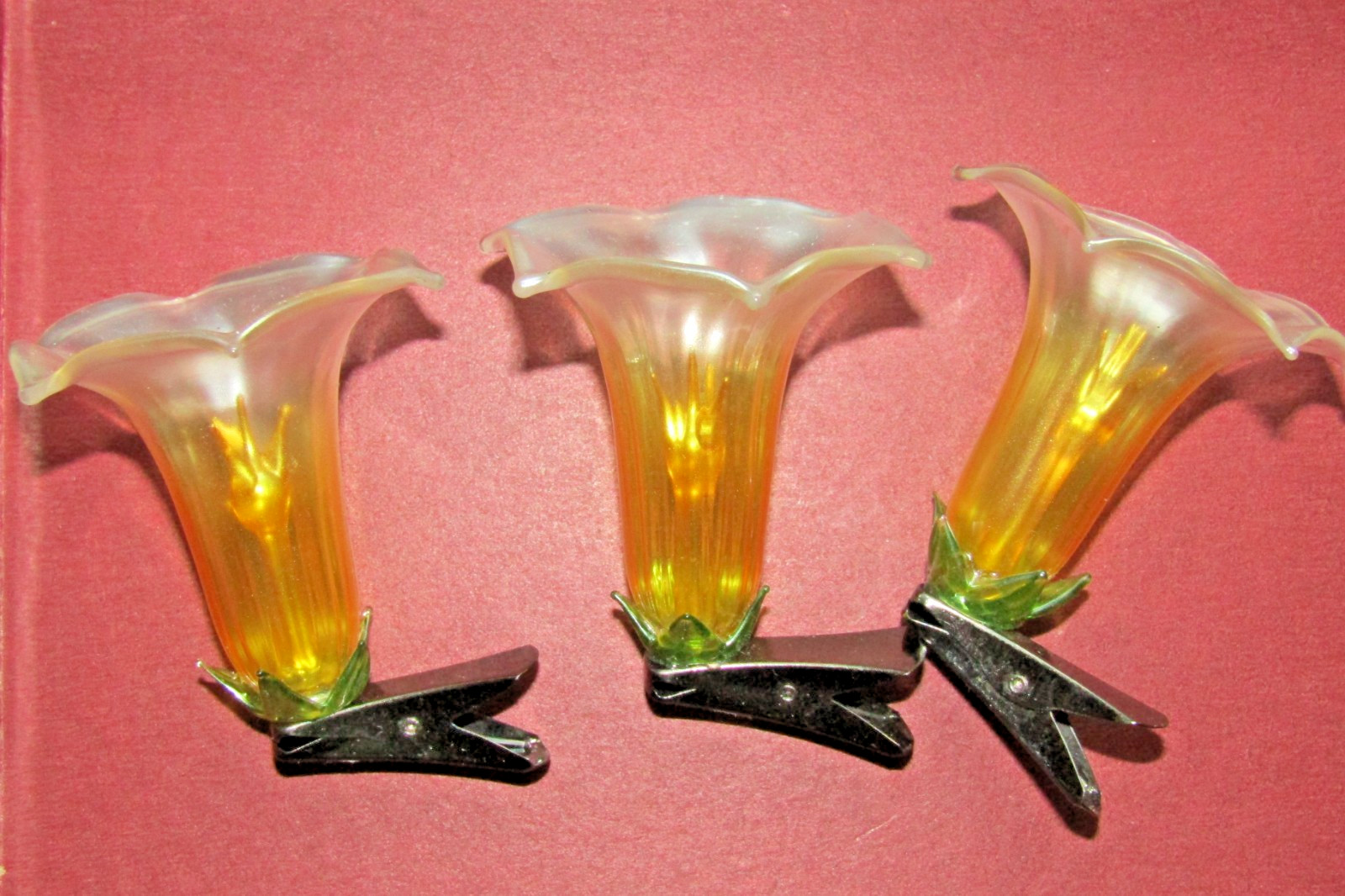Lot 3 Modern Blown Art Glass Clip On TULIP Panoramic FLOWER Christmas Ornaments