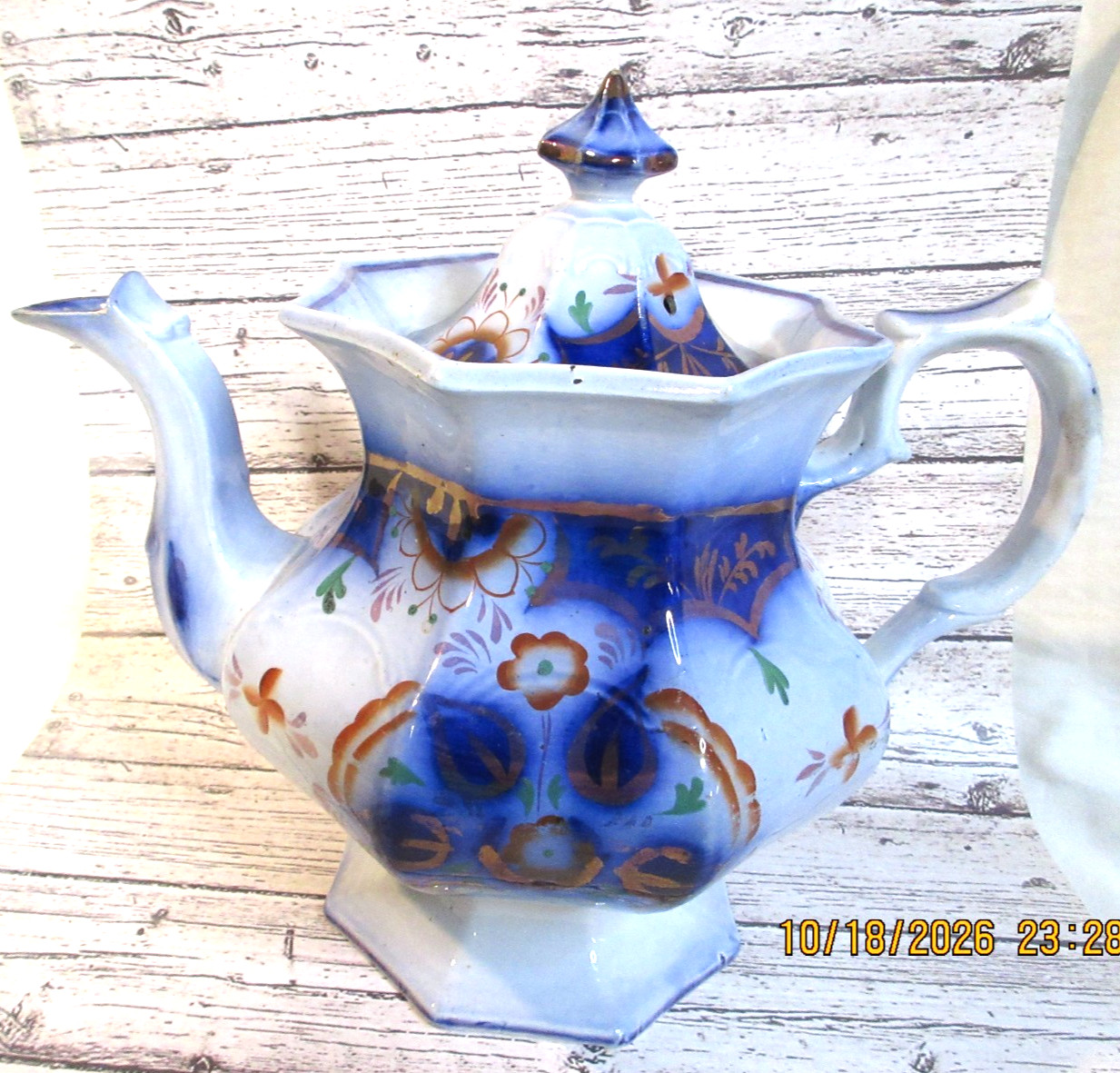 ANTIQUE HEXAGONAL IMARI / GAUDY WELSH-STYLE~IRONSTONE~stunning TEAPOT