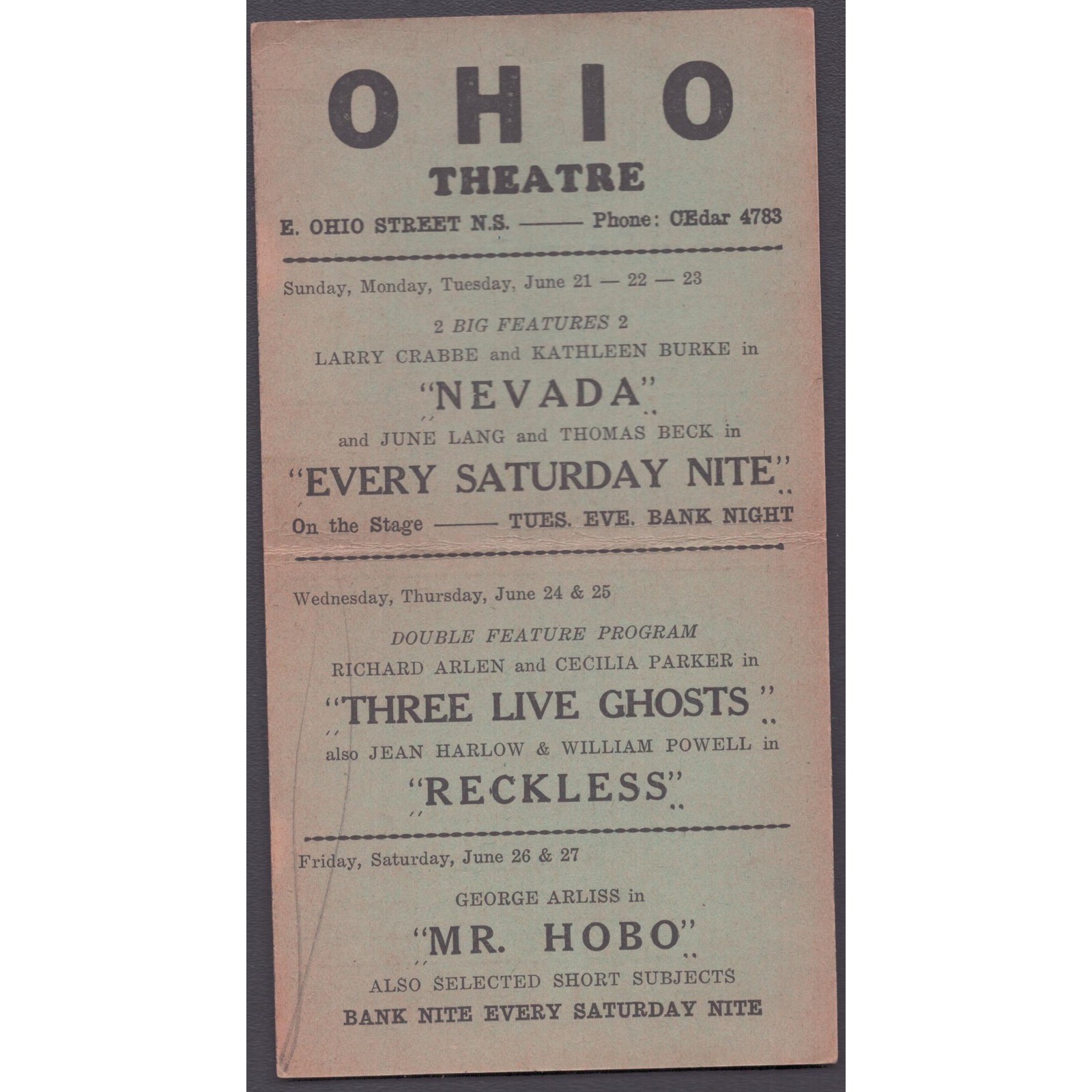 1936 Ohio Theatre Arcadia Theatre Movie Program Card Harlow Crosby Flash Gordon