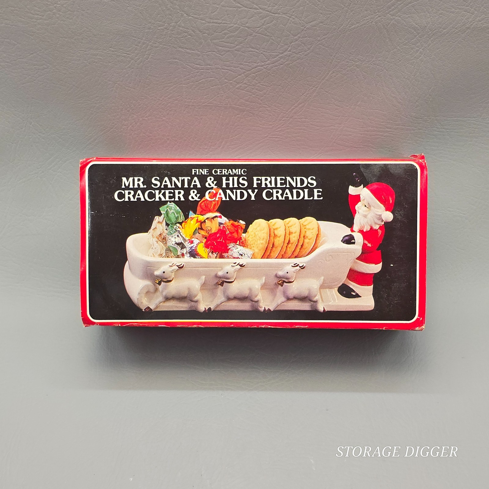 Vintage JSNY Fine Ceramic Santa and His Friends Cracker & Candy Cradle White Red