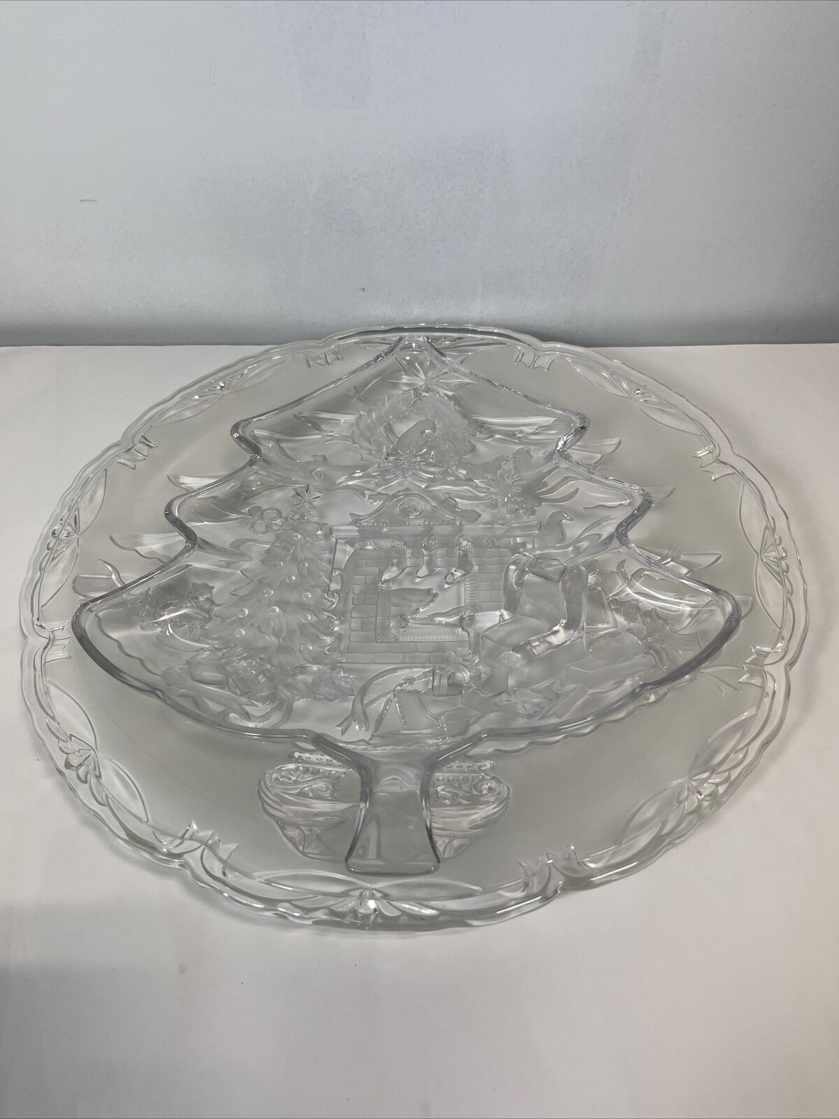 Two Mikasa Crystal Holiday Christmas Tree Serving Platters/ Trays