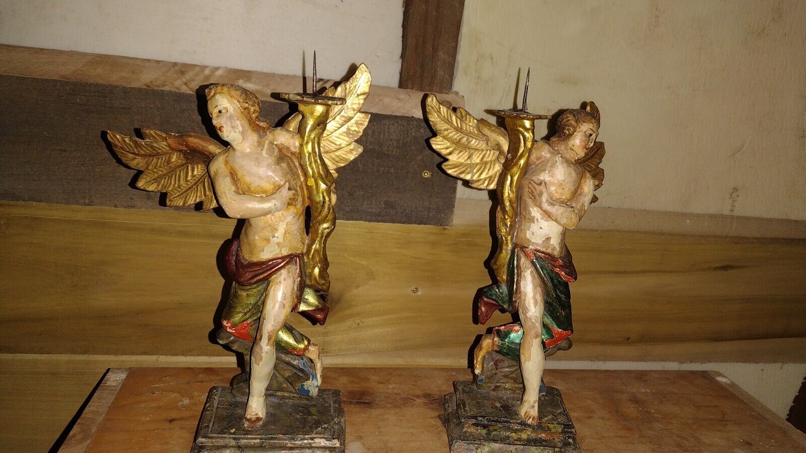 Antique 18th Century Hand Carved Wooden Angel Candle Holder