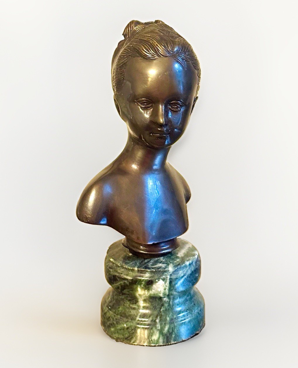Antique French Bronze Bust Female Girl Green Marble Base