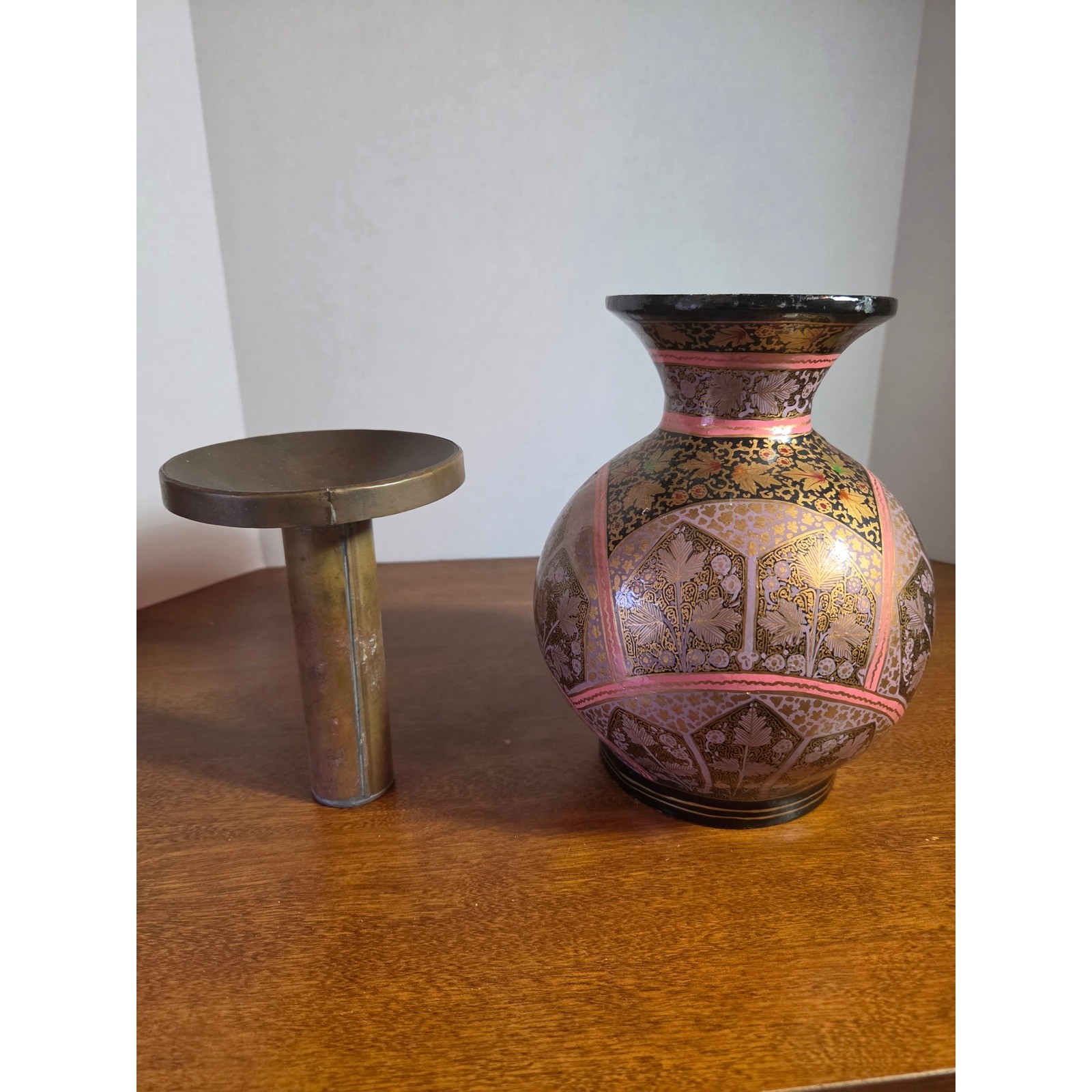 Vintage Kashmiri Papier Mache Vase Hand Painted Floral Gold Pink Brass Insert Vintage Kashmiri Papier Mache Vase Hand Painted Floral Gold Pink Brass Insert