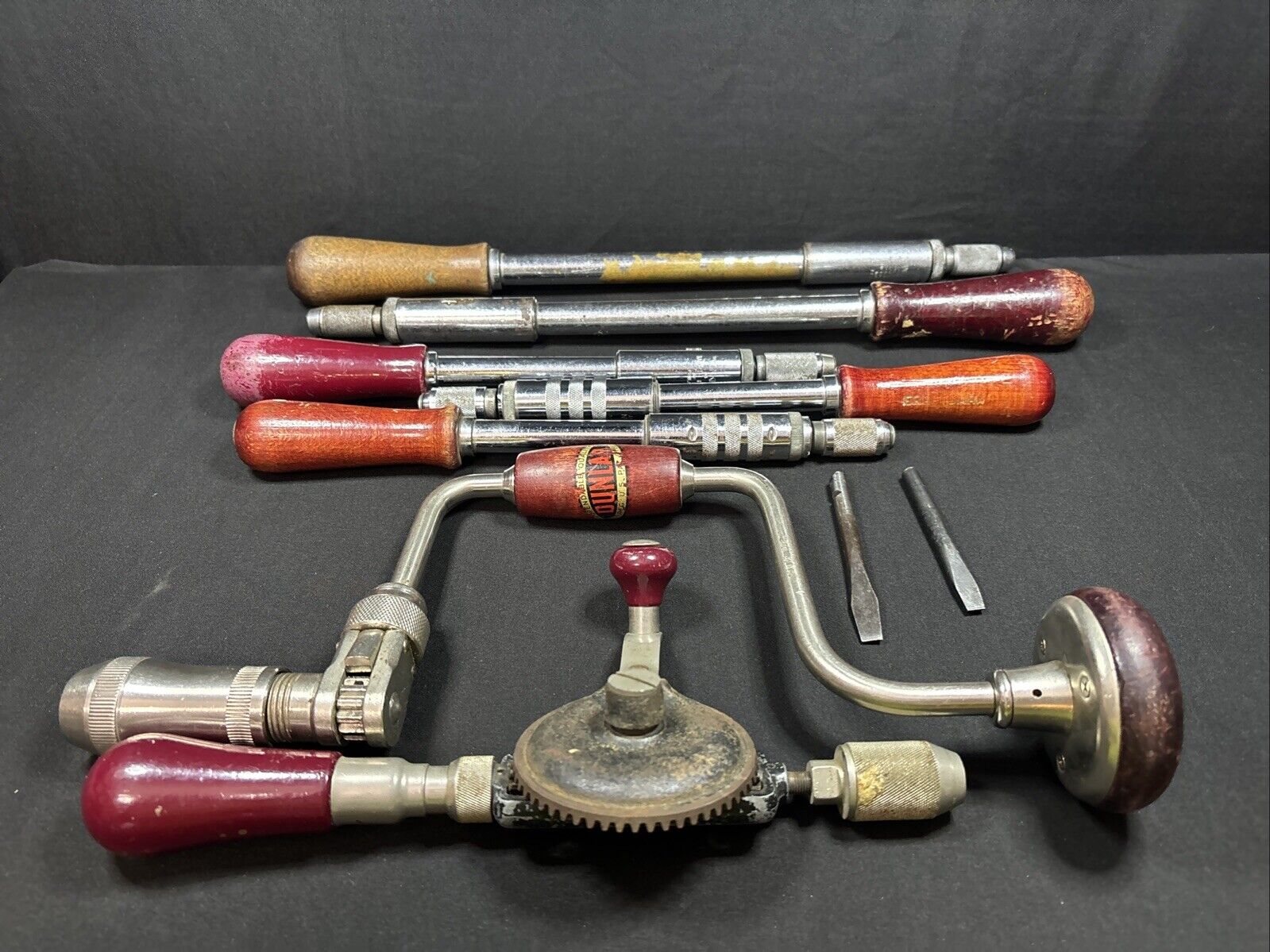 Vintage Yankee Ratcheting Screwdriver Hand drill Bits, Dunlap Craftsman Tool Lot