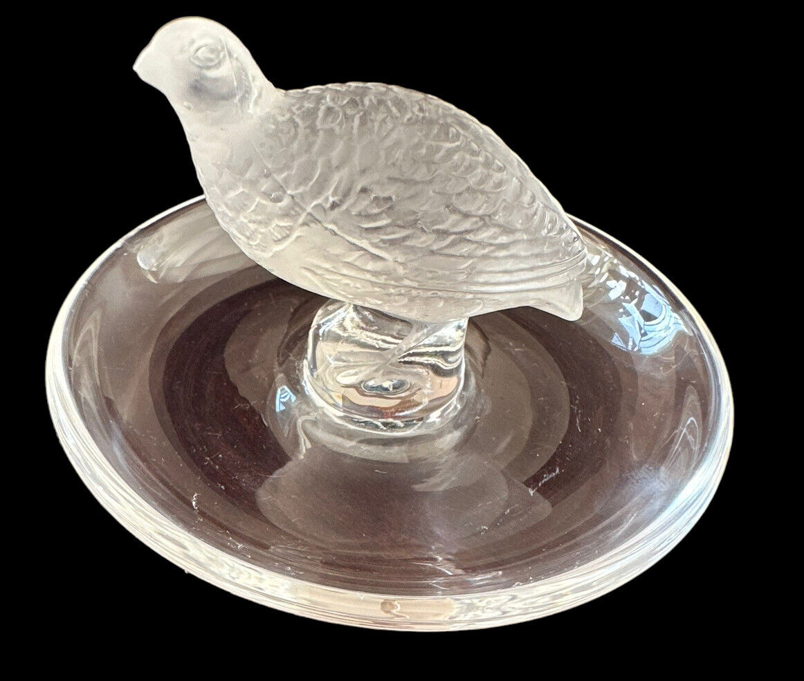 Signed Lalique Quail Dish Trinket Ring Holder Art Glass Mid Century