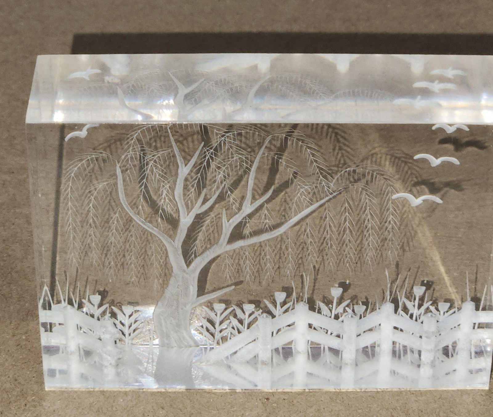 Vintage Etched Acrylic Lucite Block Art Willow Tree with Fence Tulips and Birds Vintage Etched Acrylic Lucite Block Art Willow Tree with Fence Tulips and Birds
