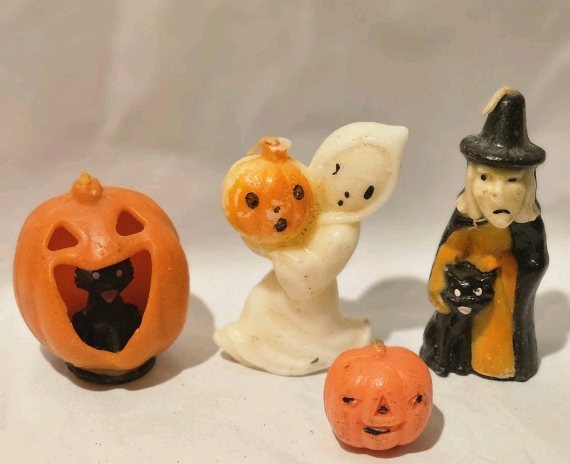 4 Vintage Gurley Halloween Candles Black Cat Jack-o’-lantern Ghost Witch