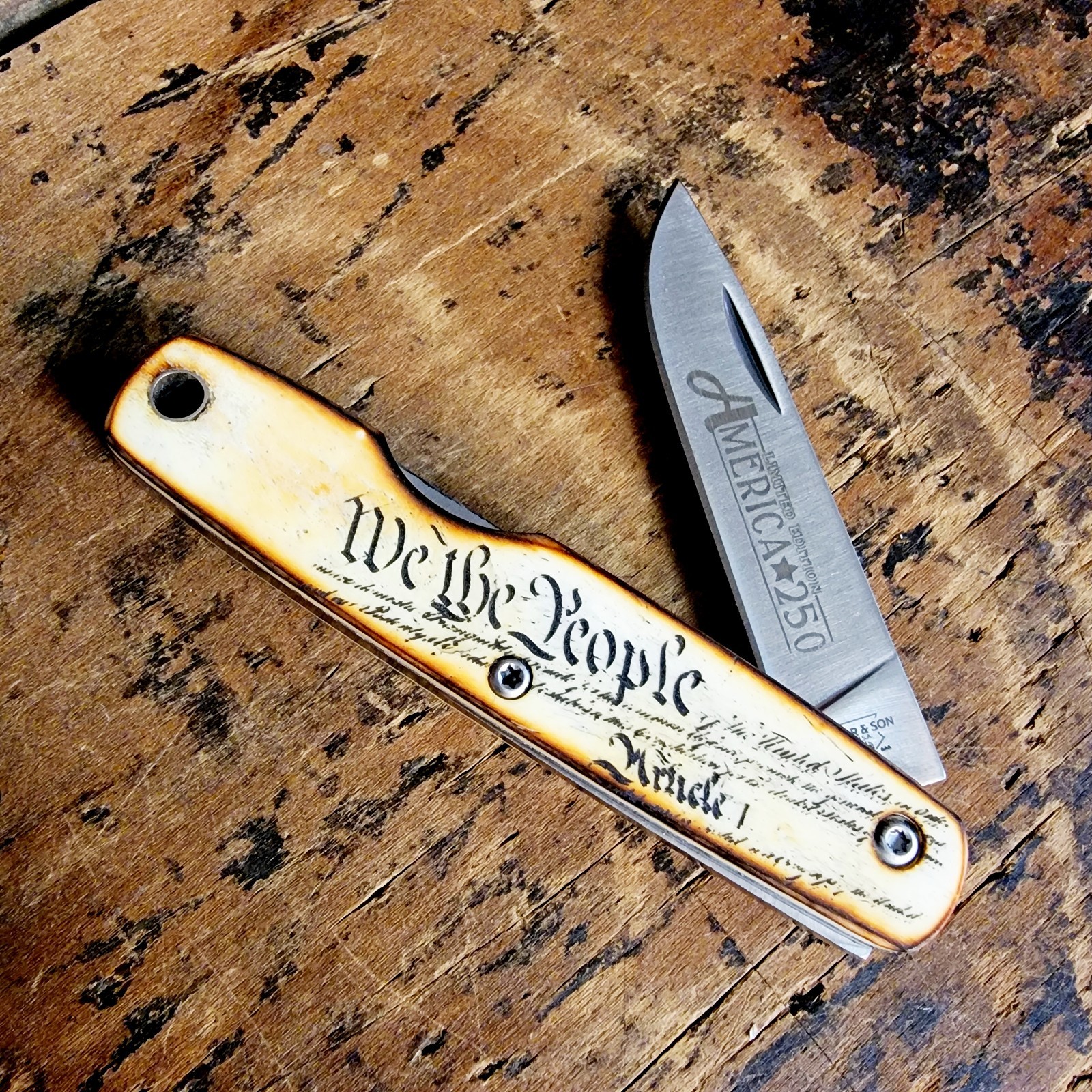 BEAR & SON CUTLERY USA WE THE PEOPLE BONE PEN KNIFE AMERICA 250 ANNIVERSARY