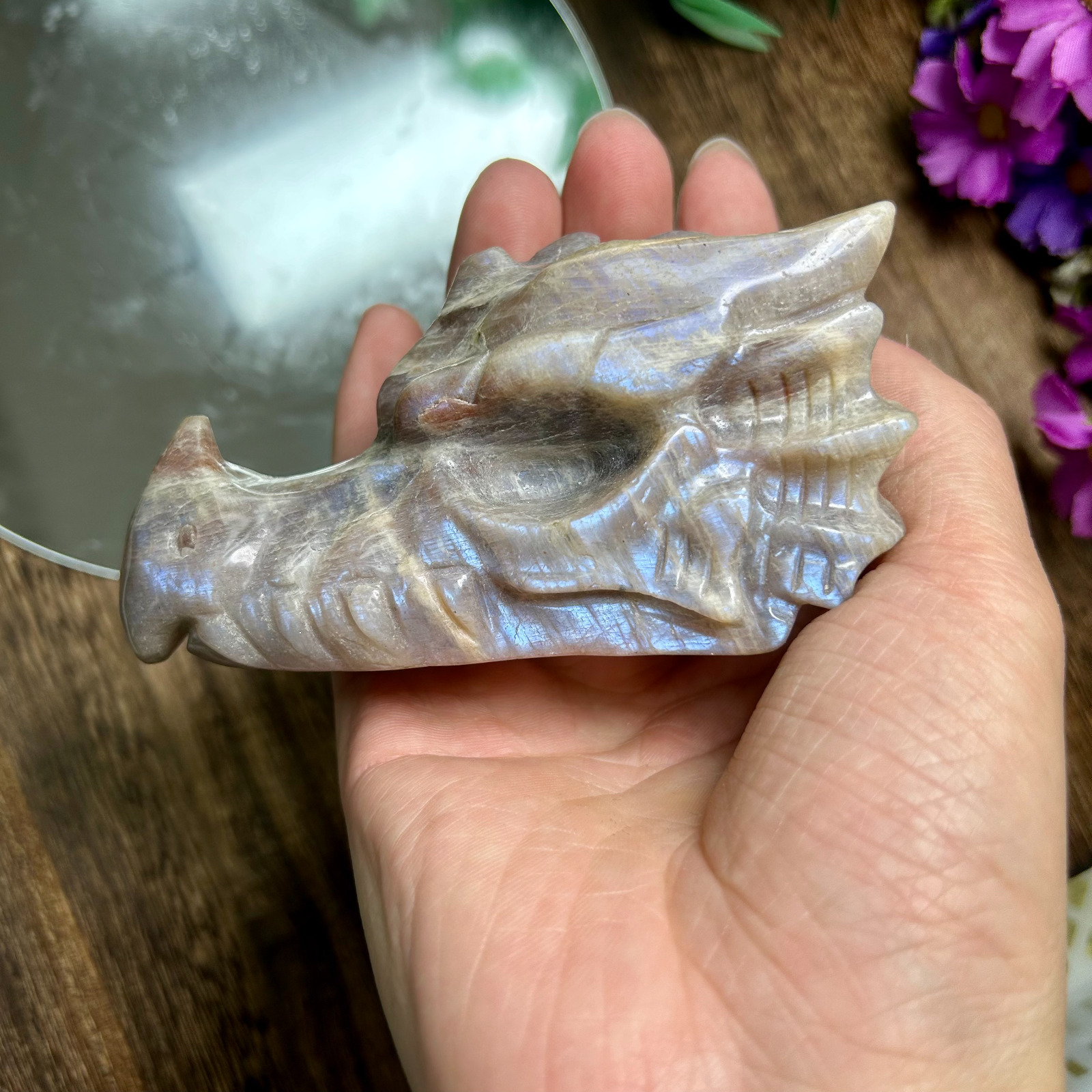 330gNatural Moonstone Dragon Carved Skull Quartz Crystal Skull Reiki Healing 1PC