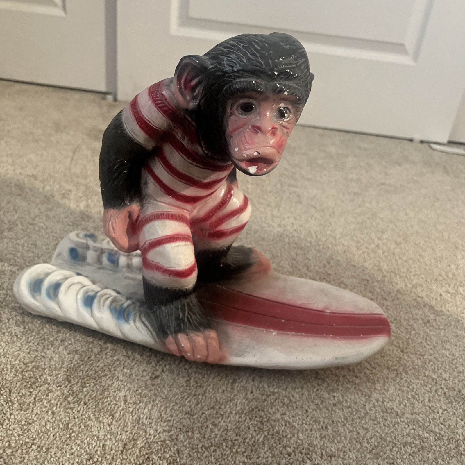Vintage Plaster Chango Surf Monkey Statue Tijuana Mexico Bank Red Striped Trunks