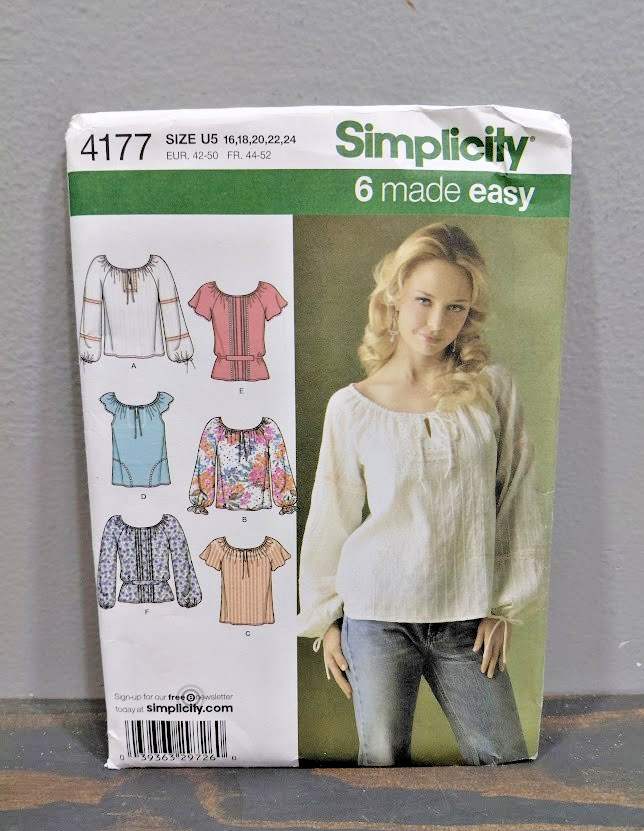 Simplicity 4177 Miss Top Blouse Size 16-18-20-22-24  Sewing  Pattern Uncut