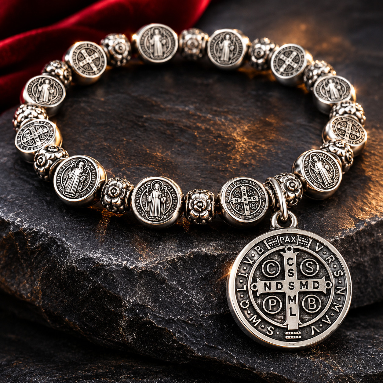 RARE VINTAGE STYLE ST BENEDICT SILVER ROSARY BRACELET PULSERA SAN BENITO LUXURY RARE VINTAGE STYLE ST BENEDICT SILVER ROSARY BRACELET PULSERA SAN BENITO LUXURY