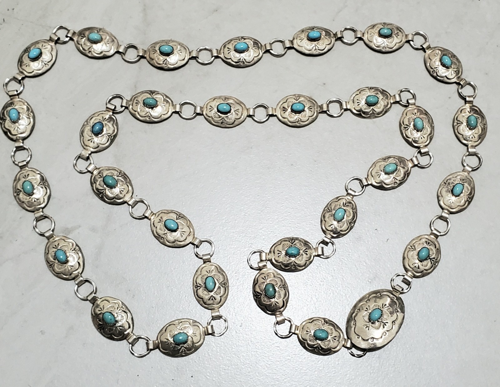 Native American Signed AM Sterling Silver Vintage Concho Belt Turquoise 40\
