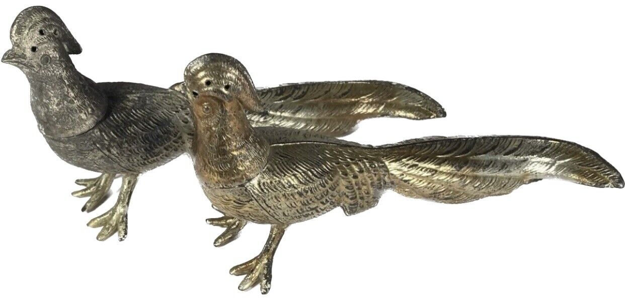 2 Antique Cast Metal Bird Figure Decanter w/ Screw-off Head 6 1/2”long x 4 1/2”T