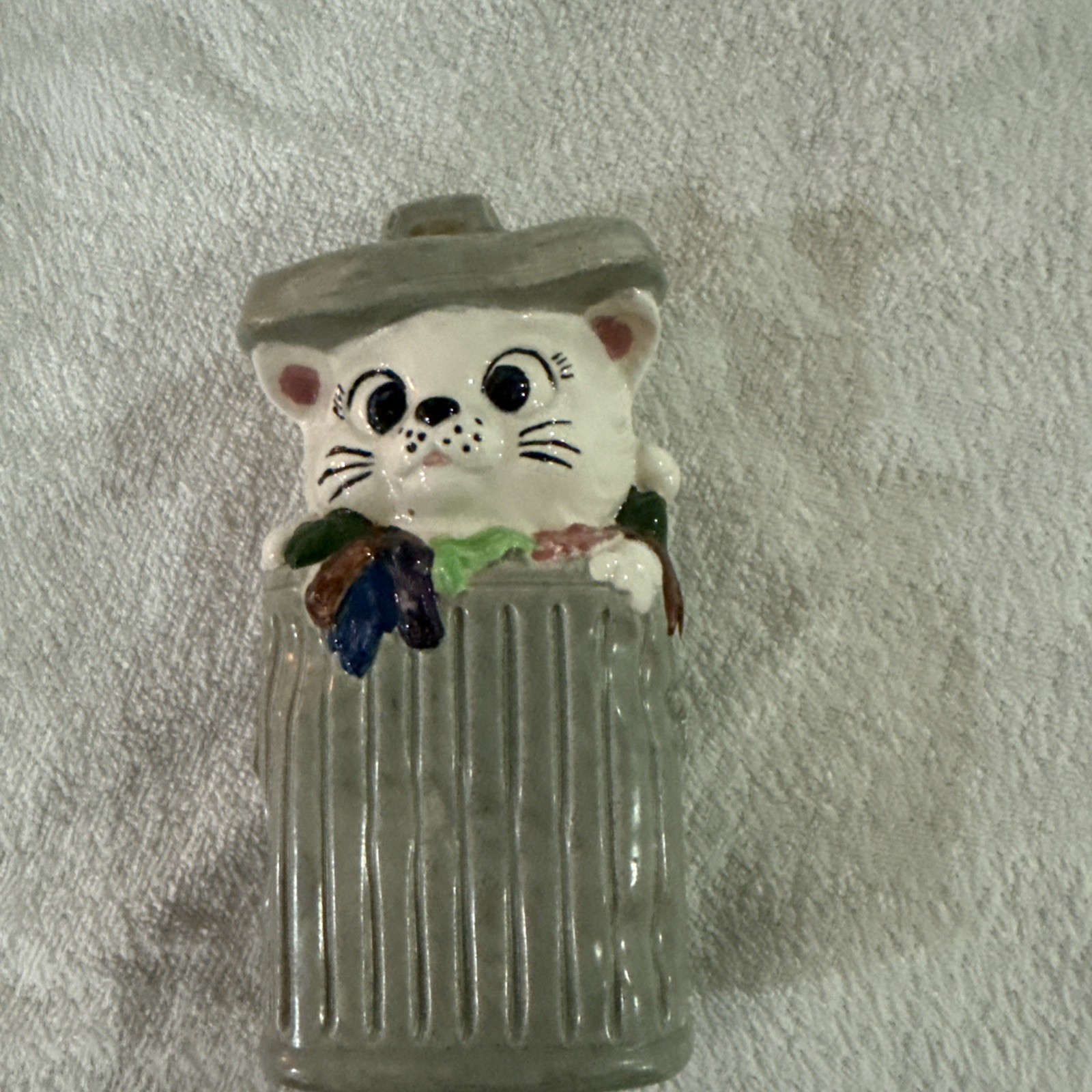 Vintage Ceramaster Kitty Cat in Trash Can Ceramic Coin Piggy Bank  Japan