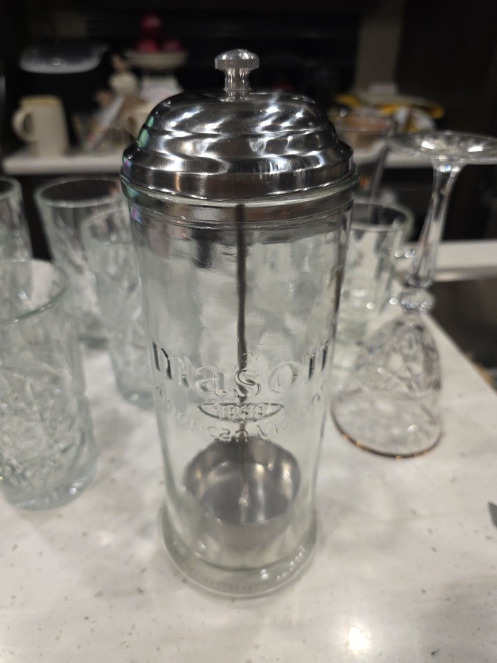 Vtg look Glass Straw Dispenser With Insert- says Mason American Vintage 1868 