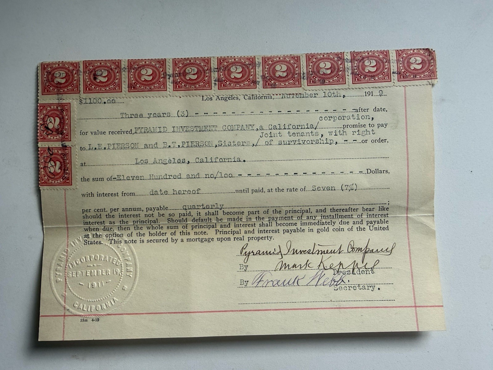 1919 California Promissory Note 9 Revenue Stamps Embossed Seal Antique
