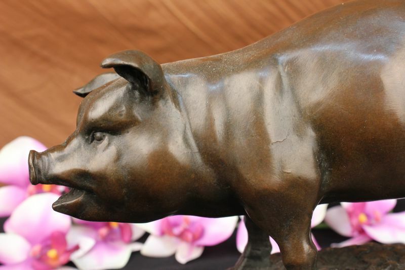 Bronze Sculpture Collectible Statue Animal SIGNED BARYE HAPPY PIG Figurine SALE