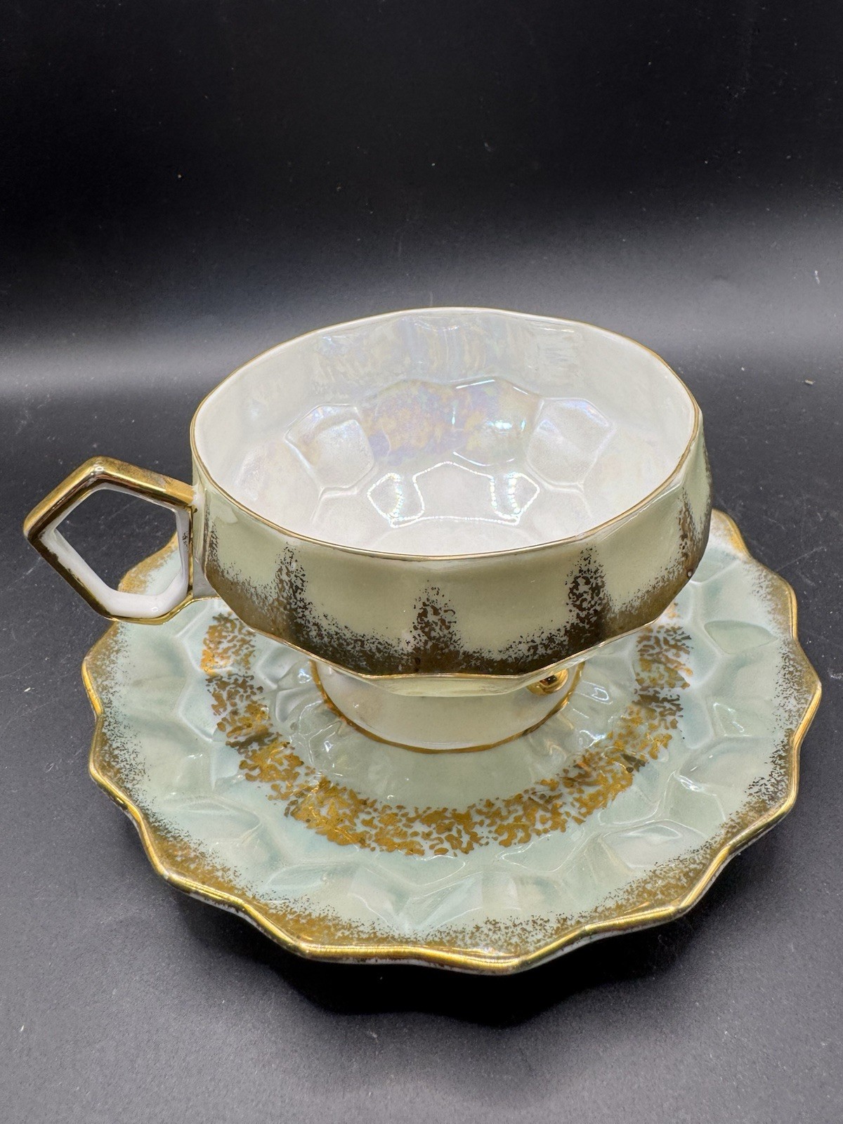 Vintage Royal Halsey Teacup Saucer Set Footed Iridescent Lusterware Green Gold