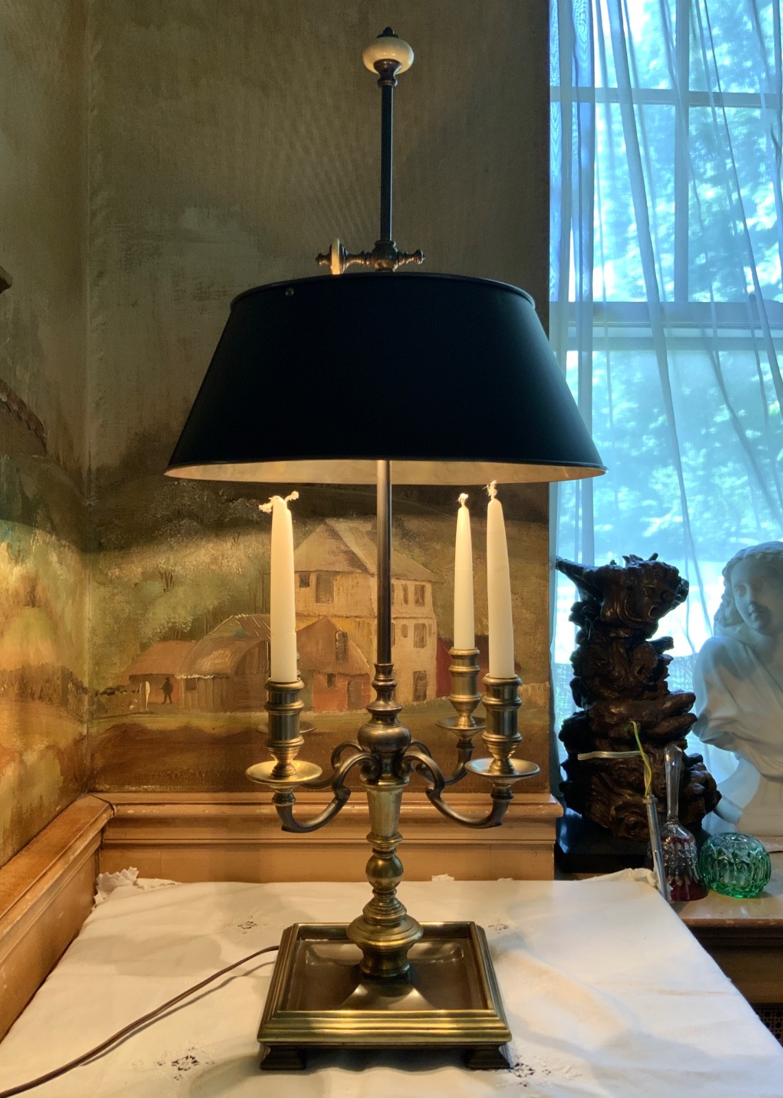 CHAPMAN BRASS CANDELABRA BOUILLOTTE TABLE LAMP W/ METAL TOLE SHADE