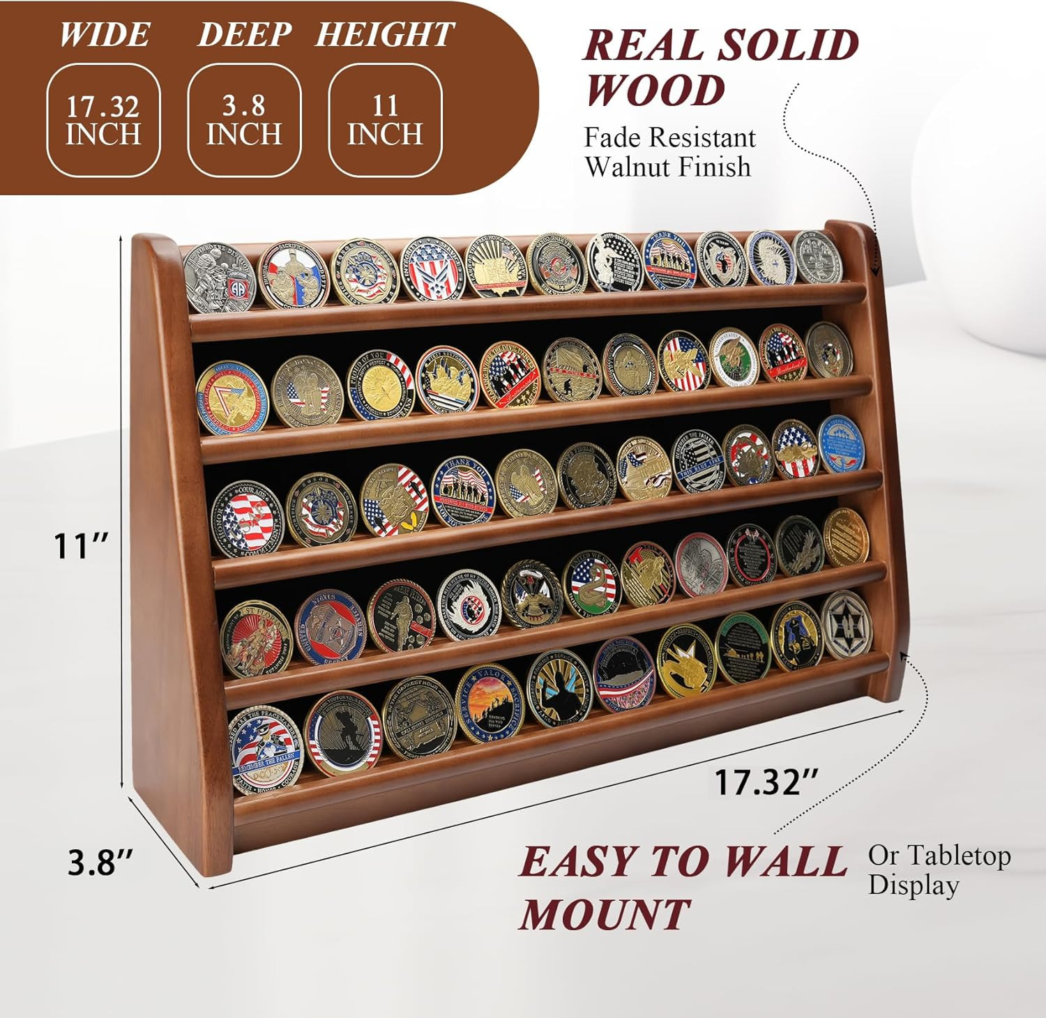 Challenge Coin Display Case 5 Rows Military Coin Walnut Wooden Holder Rack Stand